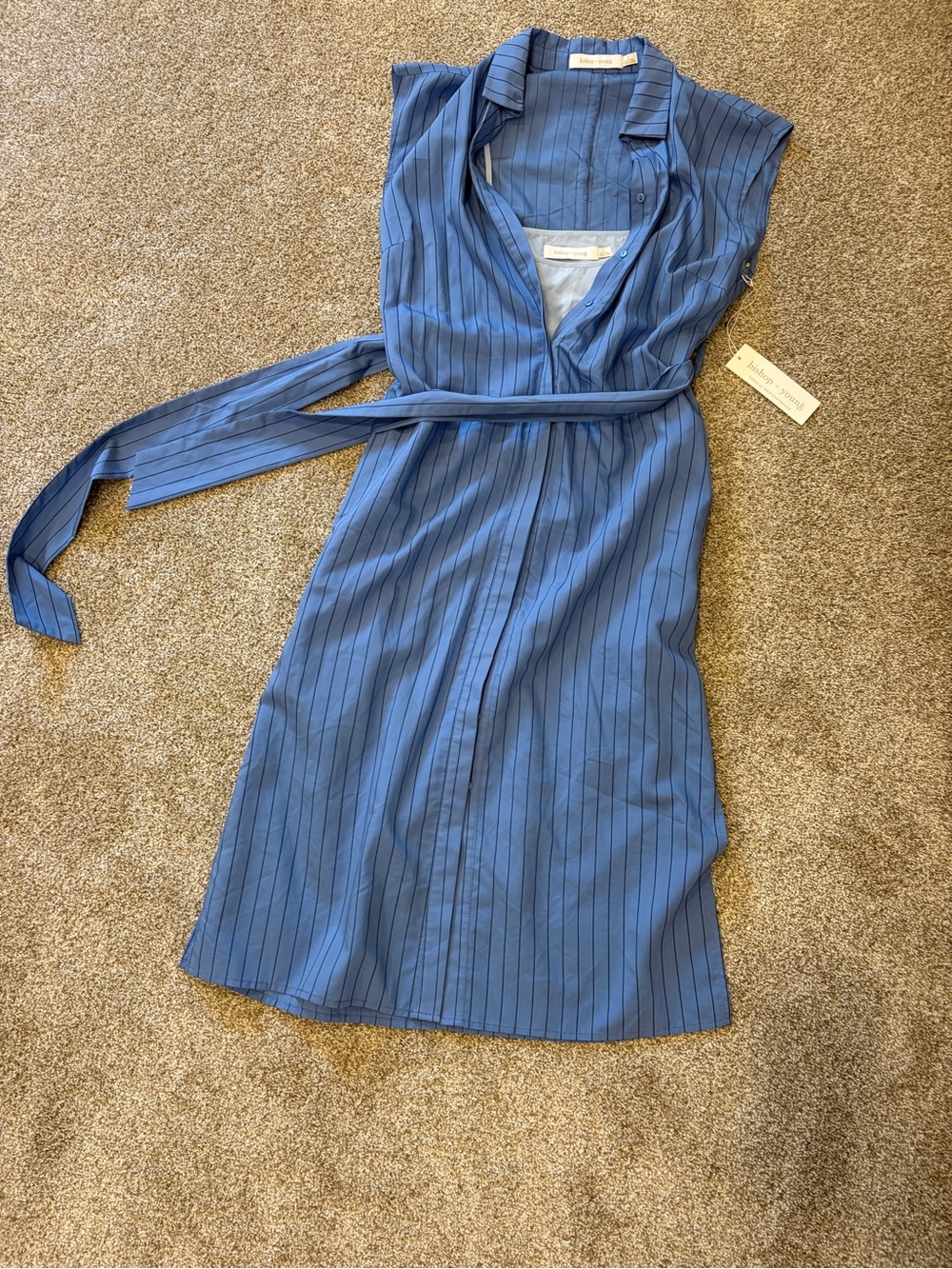 bishop + young Blue Pinstripe Midi Shirt Dress with Tie Belt